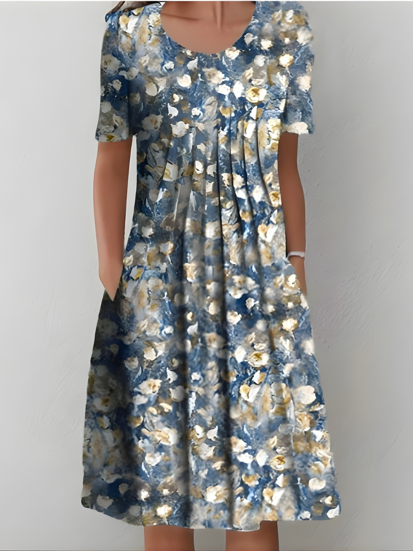 Women pleated floral midi dress with side pockets in soft-touch fabric