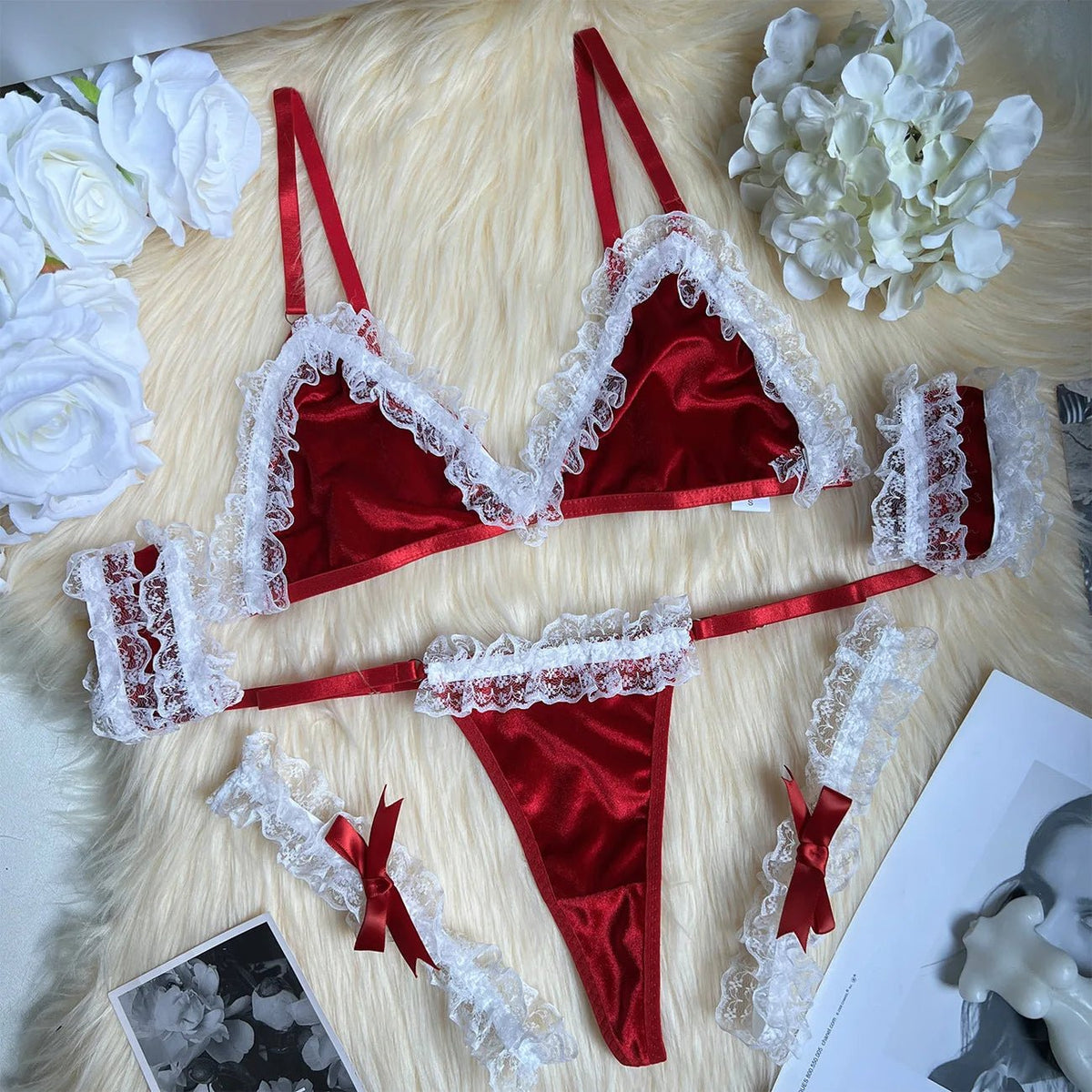 Mrs Claus Costume Women Red Velvet Lace 2 Piece Lingerie Set