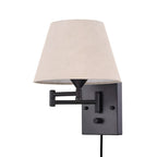 Swing arm wall lamp plug-in with linen shade and black iron frame, 1-light