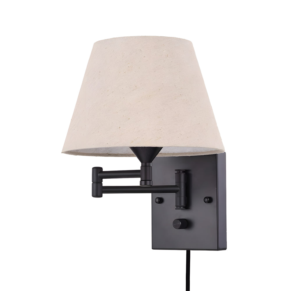 Swing arm wall lamp plug-in with linen shade and black iron frame, 1-light