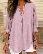 Women loose fit long sleeve striped button-up blouse with V-neck