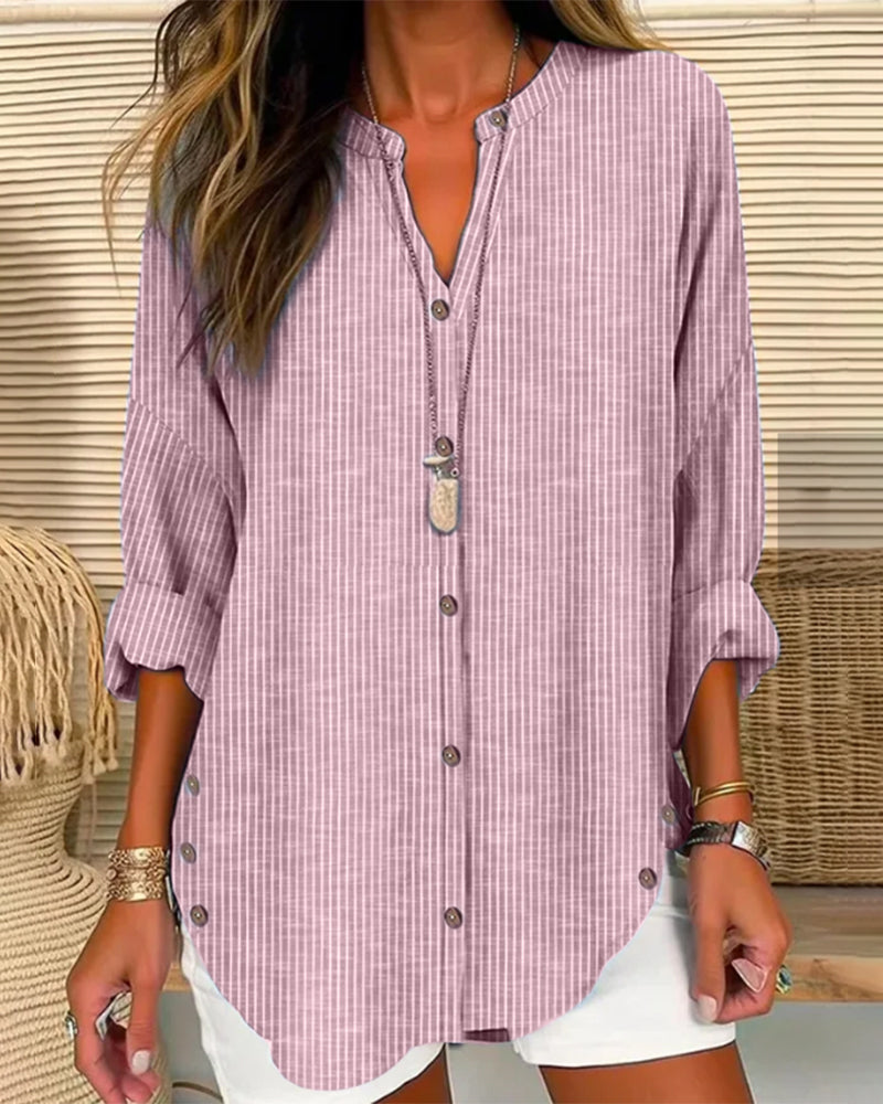 Women loose fit long sleeve striped button-up blouse with V-neck