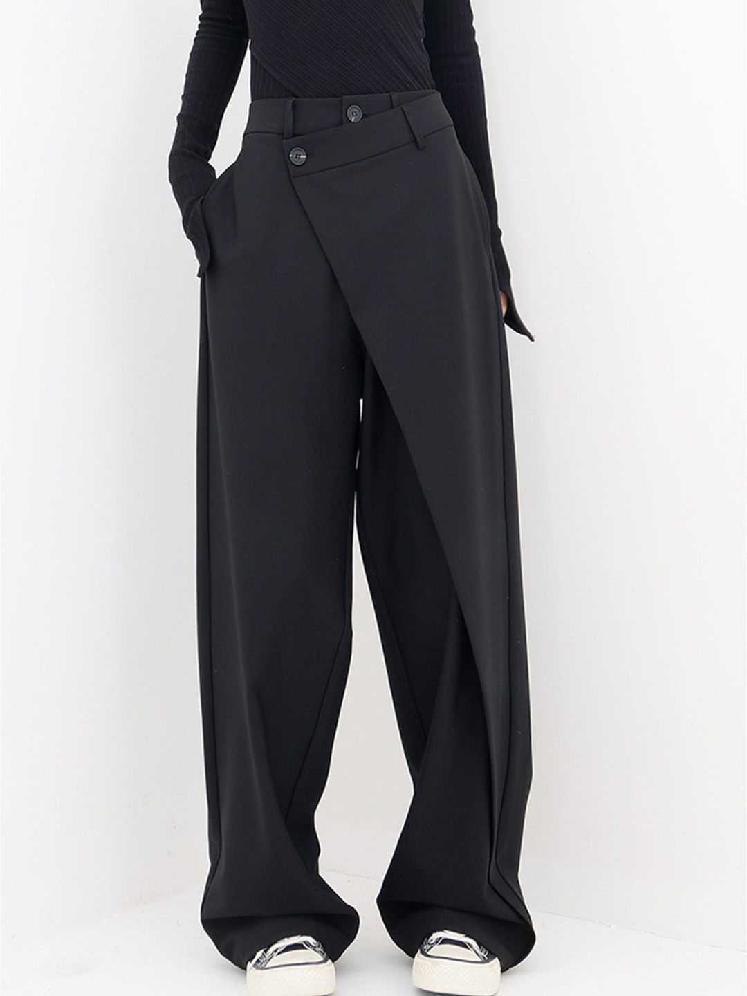 Women wide leg trousers asymmetric button detail in black and grey