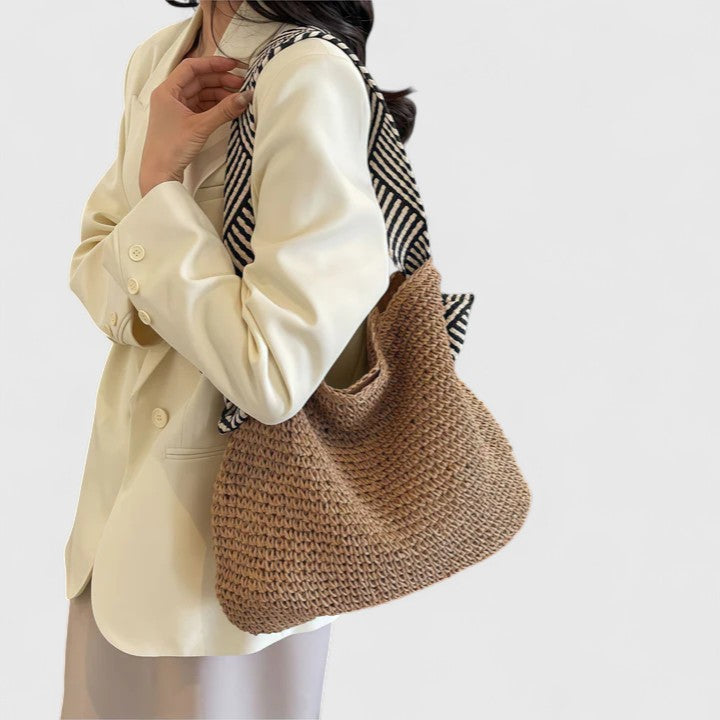 Women woven shoulder bag casual shopper in brown and beige