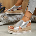Women platform sandals open toe with adjustable straps in gold and silver