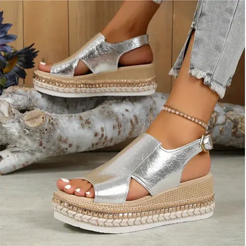 Women platform sandals open toe with adjustable straps in gold and silver