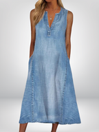 Women's sleeveless denim dress A-line V-neck in denim blue, casual summer style
