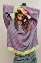 Women oversized striped sweatshirt with dropped shoulders and round neckline