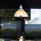 Retro pendant lamp with striped glass shade in chrome and bronze, 1-light hardwired ceiling fixture