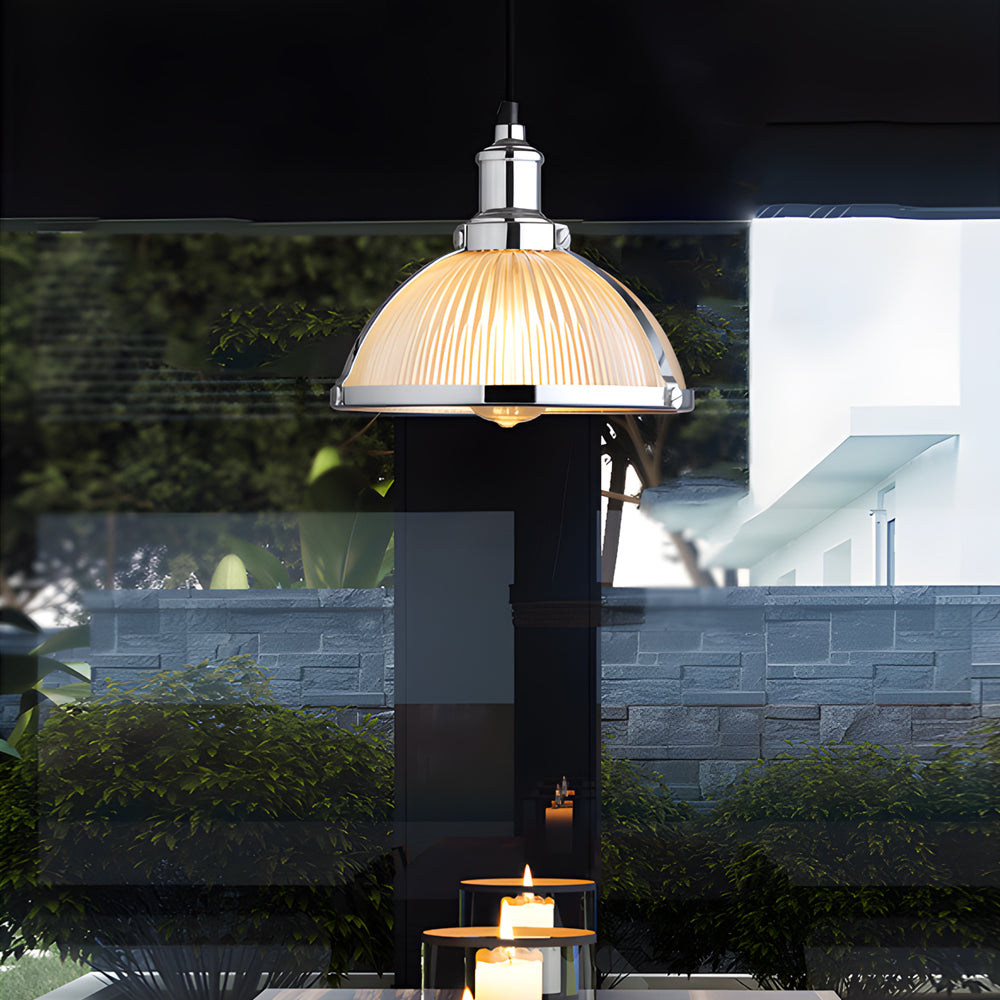 Retro pendant lamp with striped glass shade in chrome and bronze, 1-light hardwired ceiling fixture