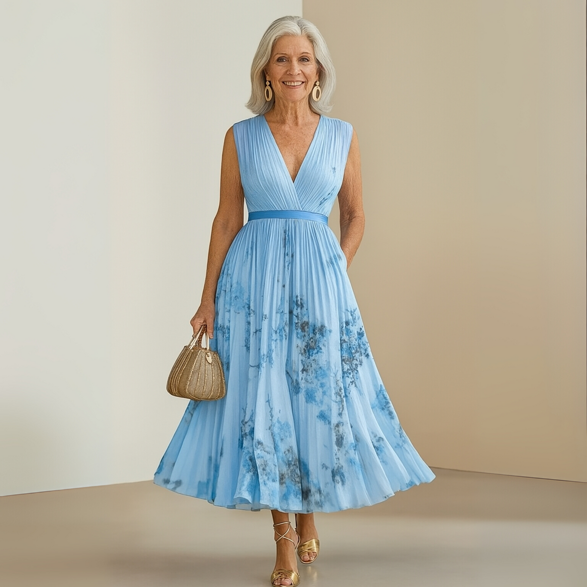Women flowy pleated midi dress in beige, lightweight casual summer style