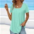 Women's blouse square neck short sleeve with pleated detail, lightweight summer top