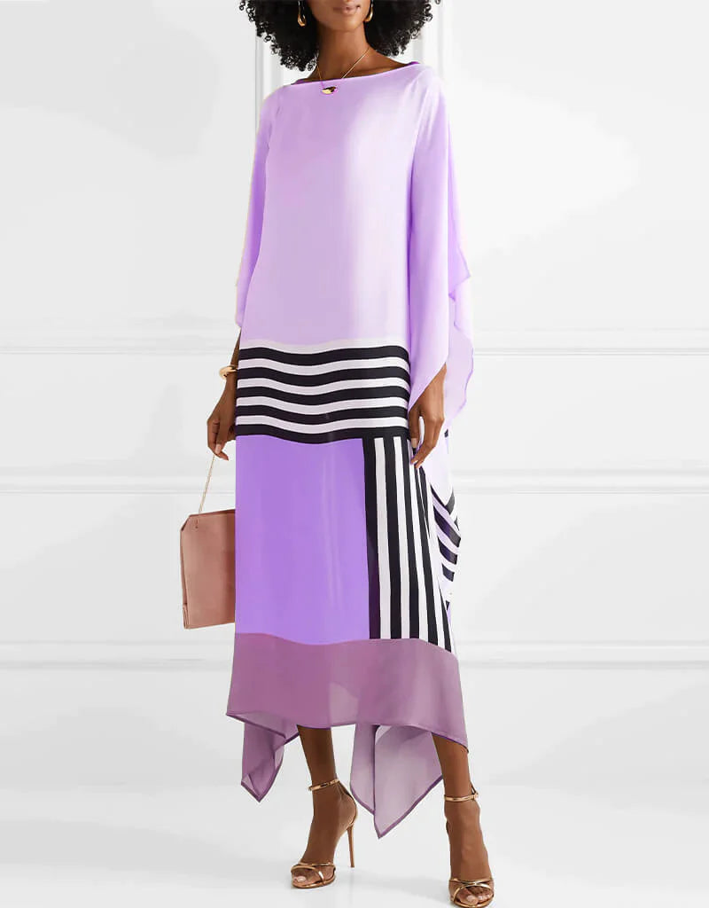 Women geometric print kaftan maxi dress with batwing sleeves and asymmetric hem