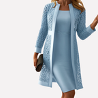 Women's two-piece lace dress set with sleeveless inner dress and long-sleeve lace overlay