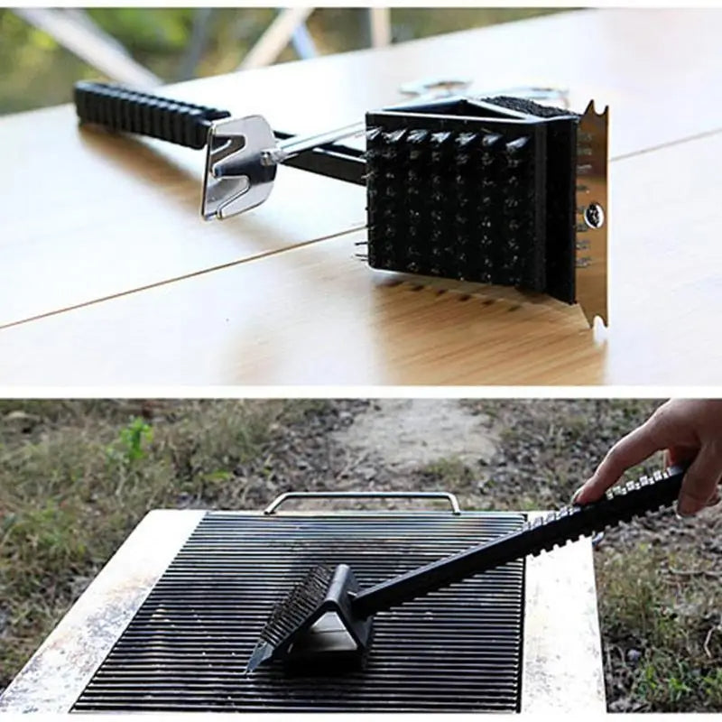 BBQ grill brush 3-in-1 with scraper and sponge, black