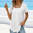 Women's blouse square neck short sleeve with pleated detail, lightweight summer top