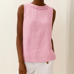 Women linen cotton sleeveless longline top with pleated collar