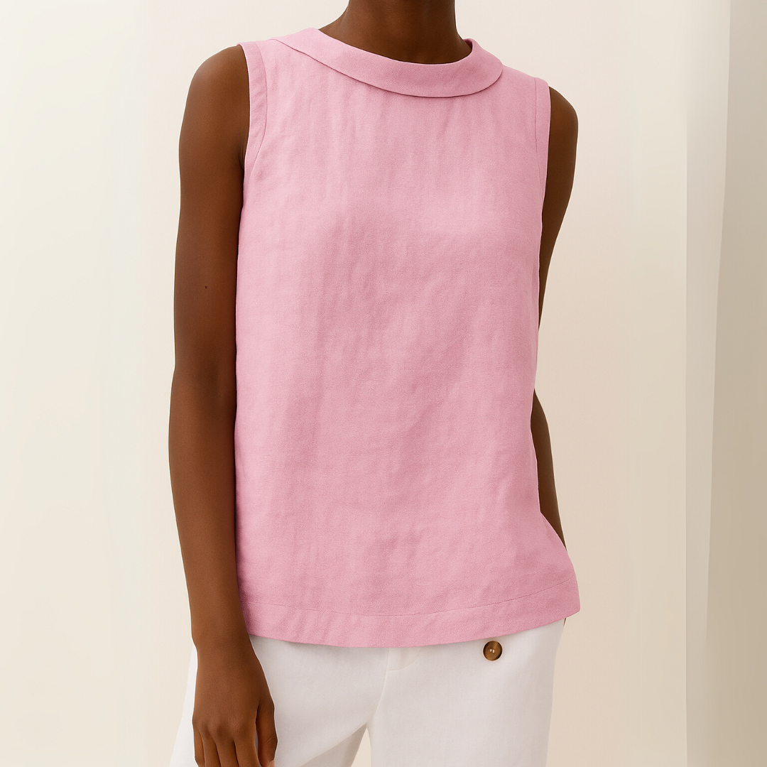 Women linen cotton sleeveless longline top with pleated collar