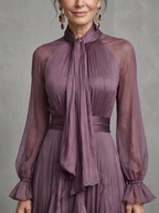 Women tie neck ruffle tiered maxi dress long sleeve purple flowing