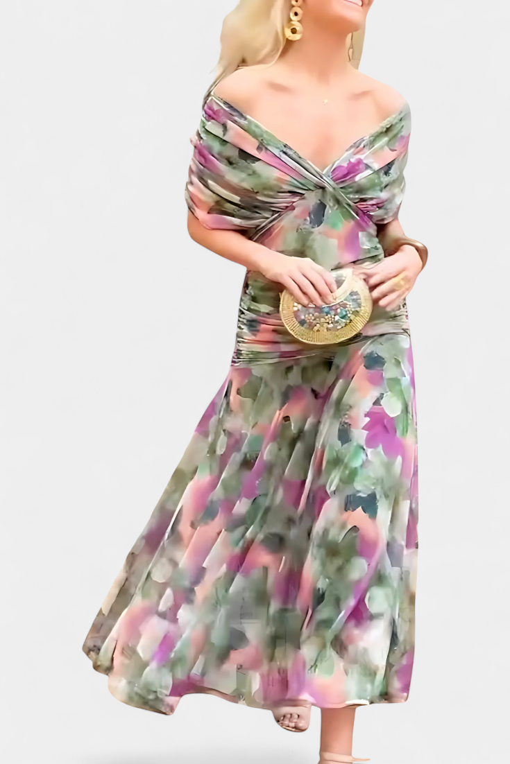 Women's floral midi dress with V-neckline and pleated waist, elegant long flowing skirt