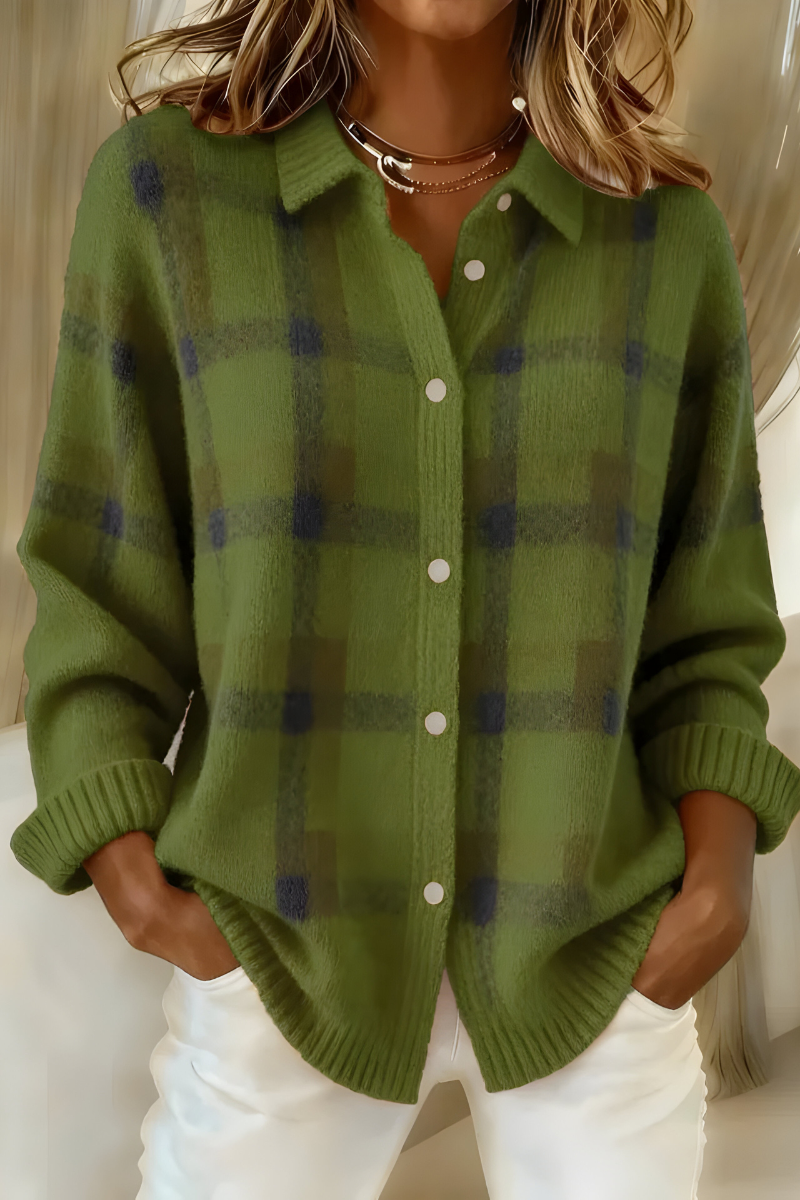 Women soft knit plaid cardigan relaxed fit retro style