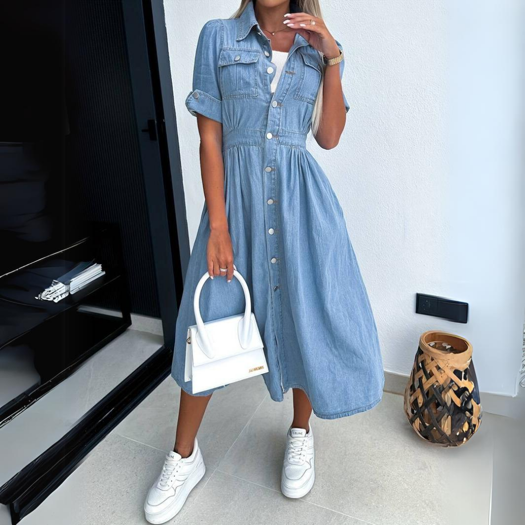 Women denim dress figure flattering silhouette casual style