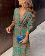 Women's formal midi dress in blue, green and red — flattering tailored silhouette