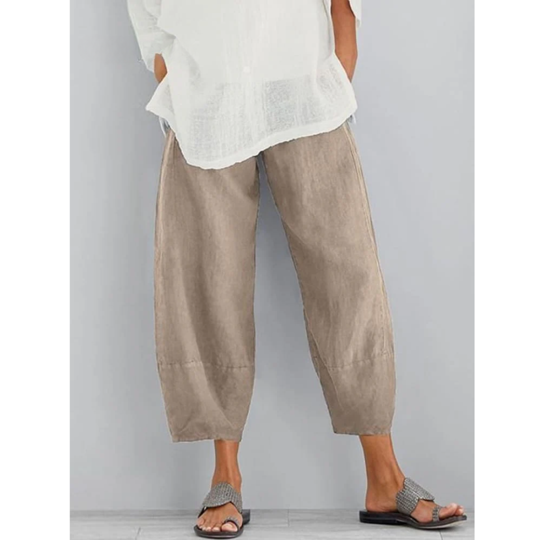 Women's leisure pants in cotton linen blend, relaxed casual fit, available in Khaki, Black and Blue