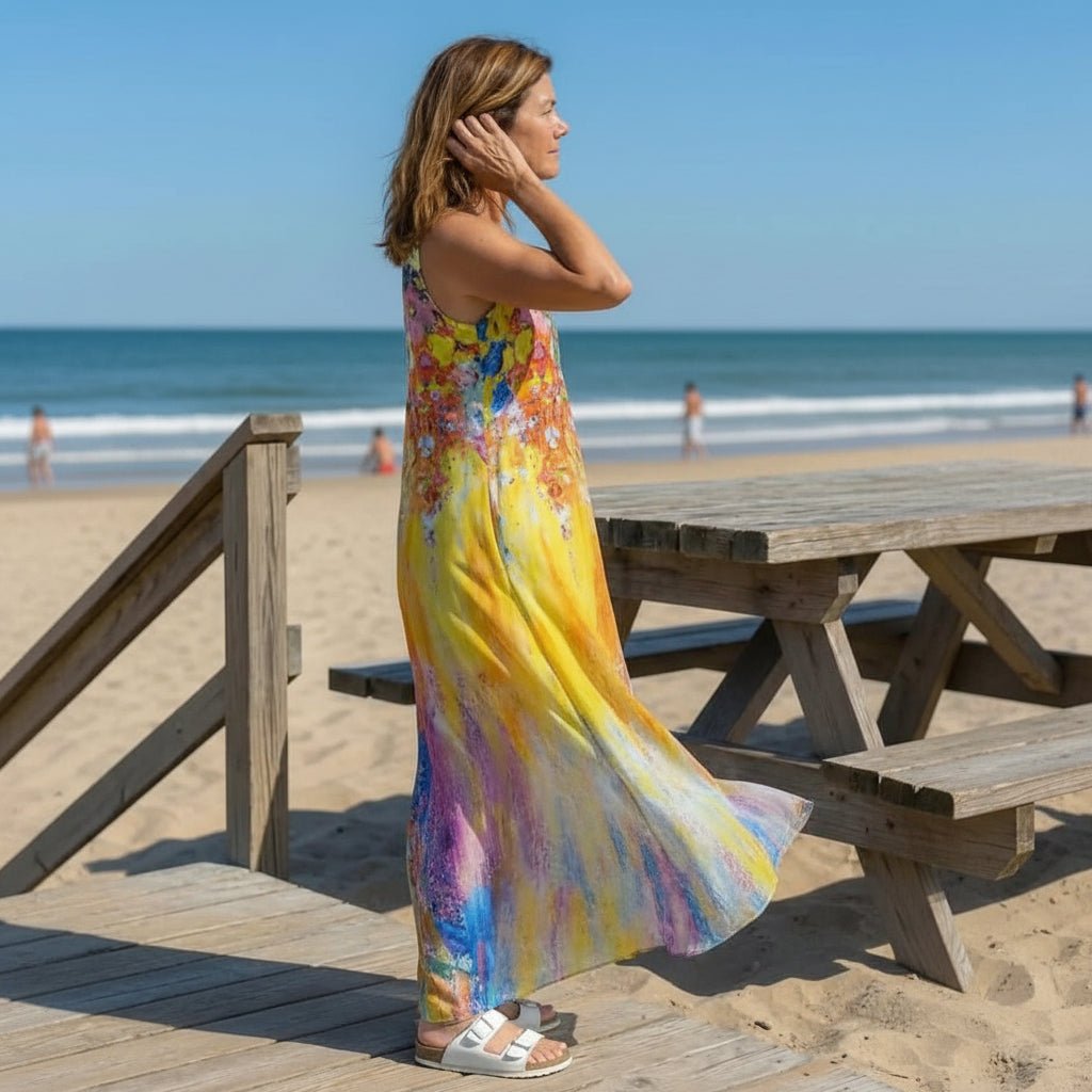 Women print maxi dress sleeveless with hidden side pockets, relaxed flowing fit
