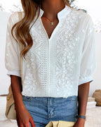 Women's white V-neck blouse with puff sleeves and patchwork detail, cotton-lace blend