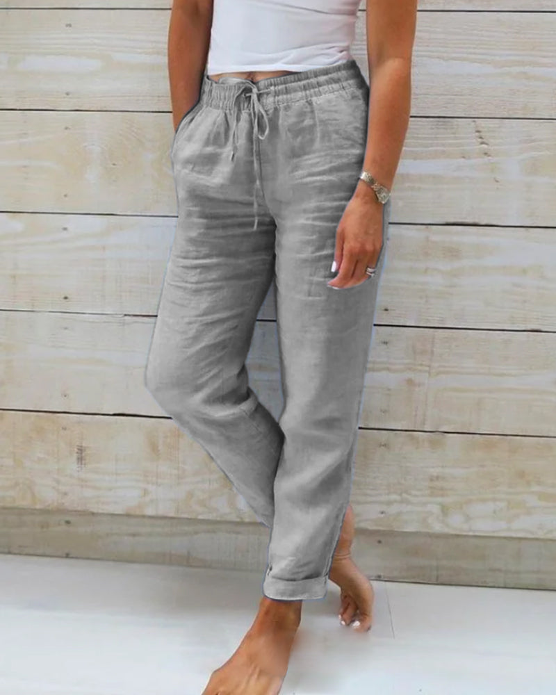 Women's casual trousers with elasticated waist, available in 6 colours including khaki, black and grey