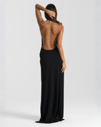 Halter neck backless maxi dress with high side slit, flowing silhouette for evening events