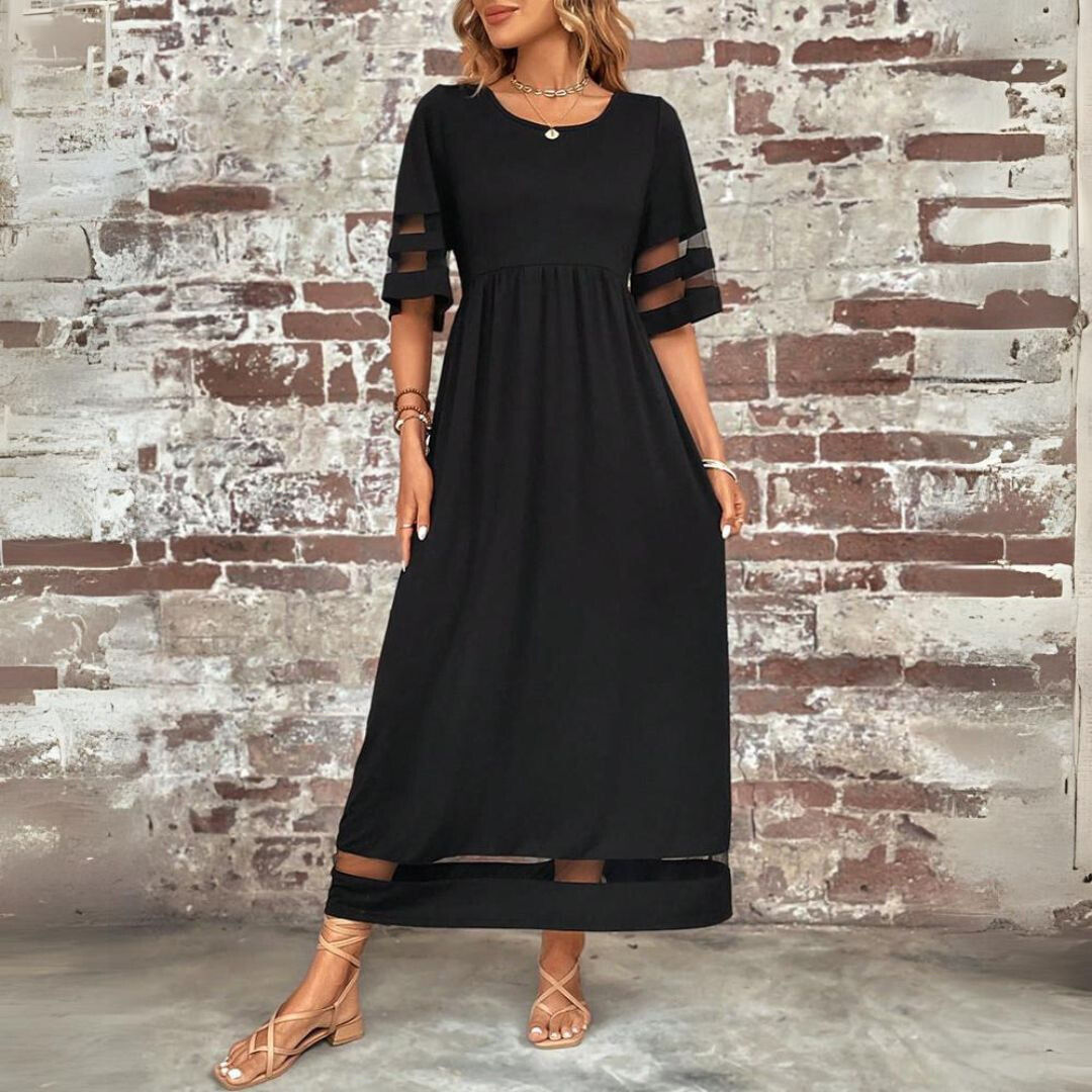 Women midi dress empire waist tummy smoothing flowing skirt
