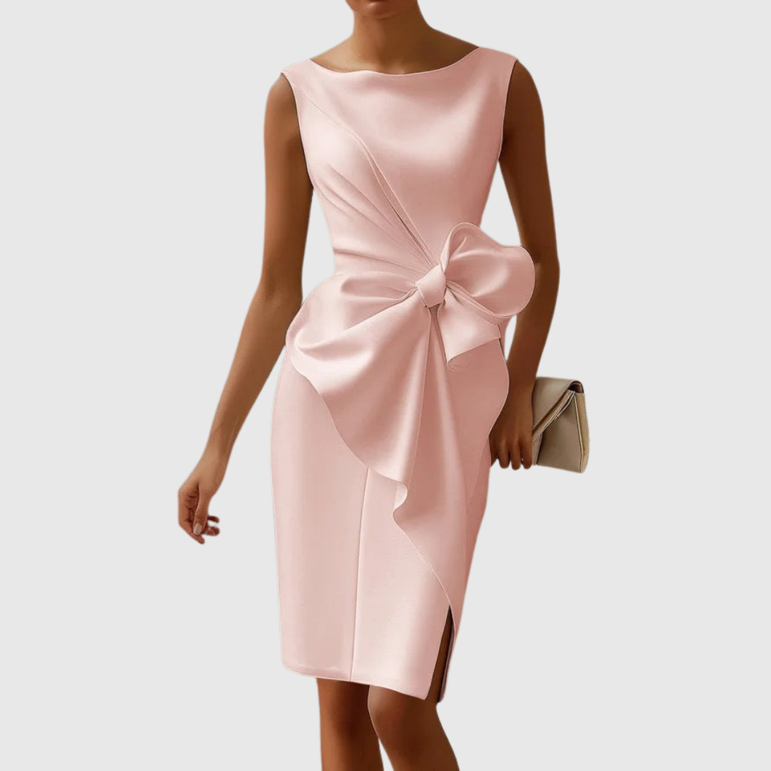 Women sleeveless midi dress with sculpted side bow and asymmetrical drape