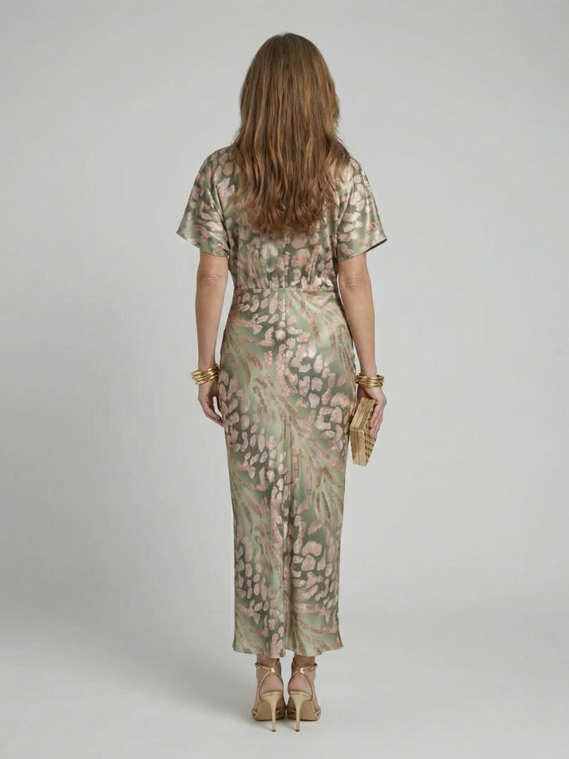 Women abstract print V neck twist waist midi dress short sleeves green