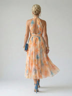Women halter midi dress with gathered neckline and defined waist sleeveless