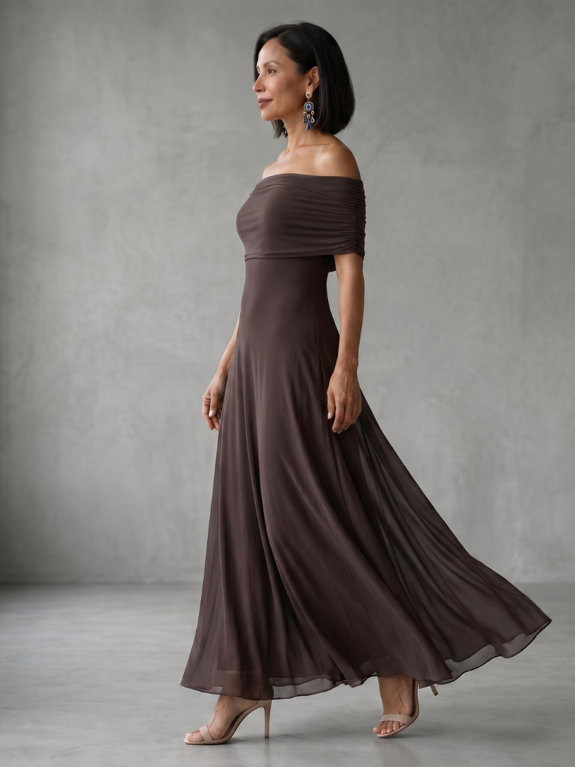 Women off shoulder draped midi dress with sheer overlay and flowing skirt