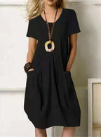 Women casual A-line knee length dress with pockets round neck