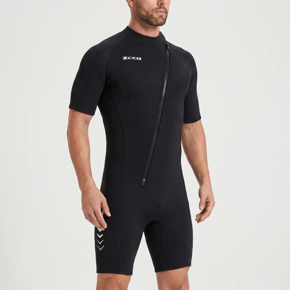 Shorty wetsuit 3mm front zip black, short sleeve for surfing swimming diving