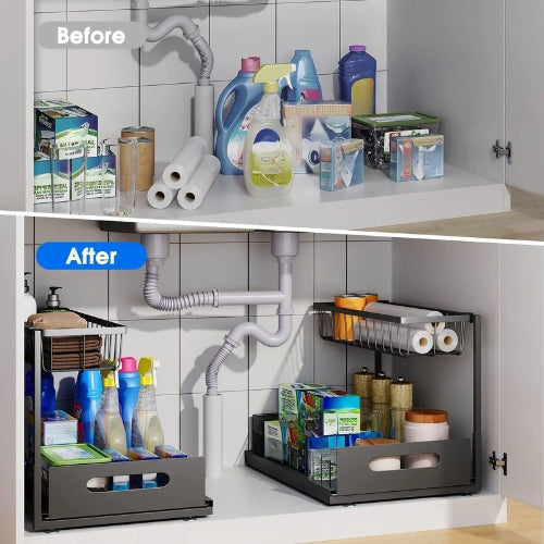 Under sink cabinet organizer 2-tier sliding black carbon steel L-shape