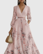Pleated maxi dress V-neck long sleeve with ribbon-tie waist and floral pattern