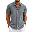 Men's linen shirt short sleeve double button placket lightweight summer