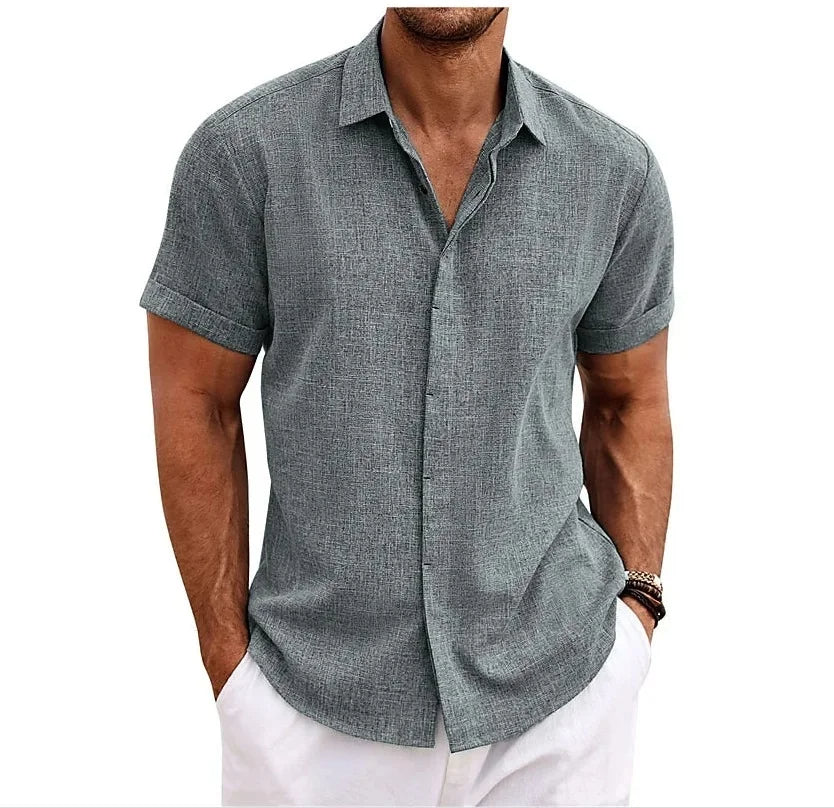 Men's linen shirt short sleeve double button placket lightweight summer