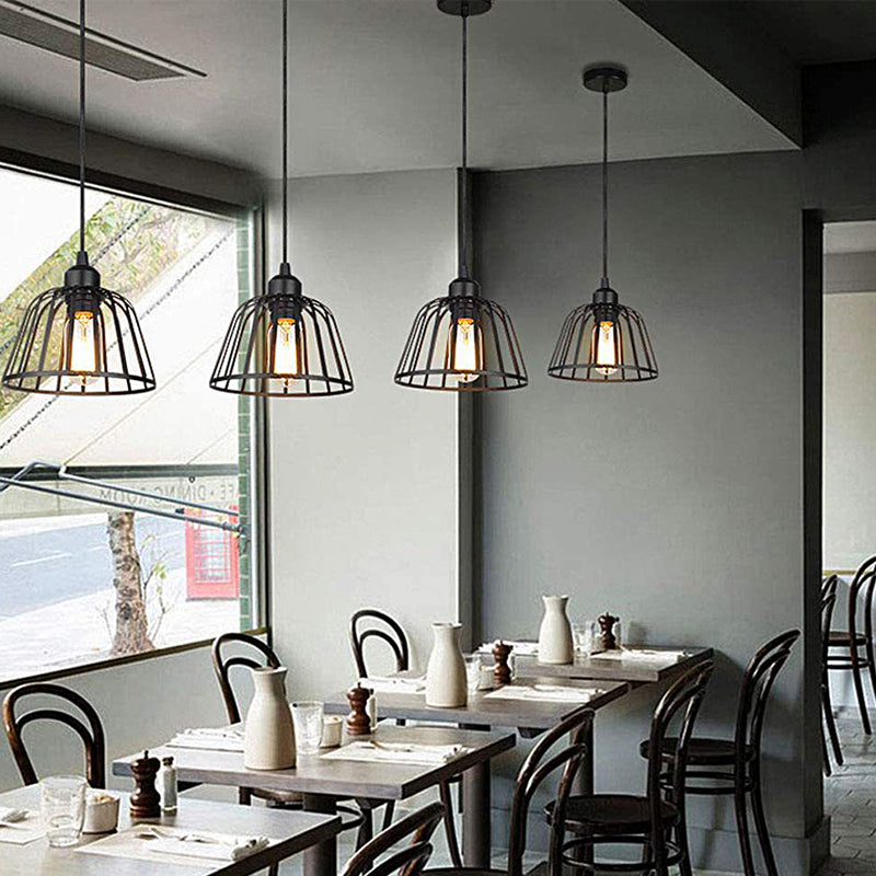 Industrial chandelier black iron cage LED retro style 1 or 3 light pendant