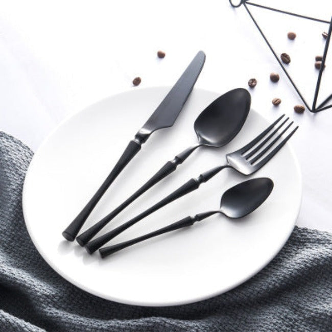 24-piece stainless steel cutlery set with polished finish, dishwasher safe