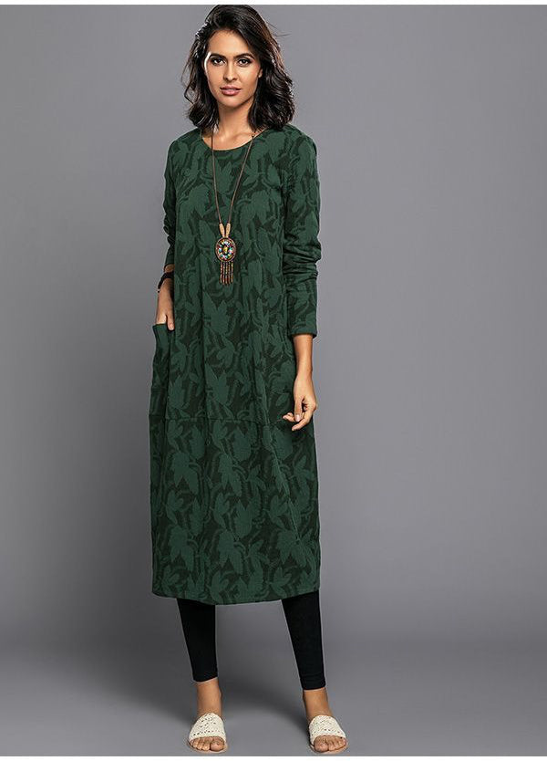 Midi dress with pockets, long sleeve floral cotton blend, mid-calf length