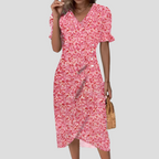 Women's floral midi dress with V-neck, puff sleeves and ruched waist, A-line summer style