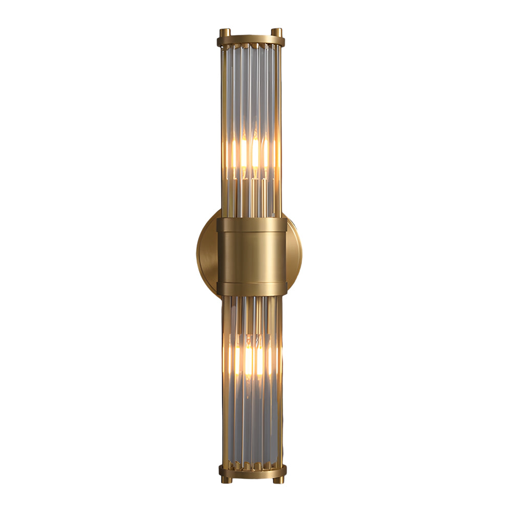 Modern wall lamp with cylindrical ribbed clear glass shade in chrome or gold finish