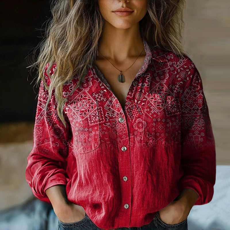 Women's cotton blouse with vintage print and long sleeves, relaxed fit summer shirt