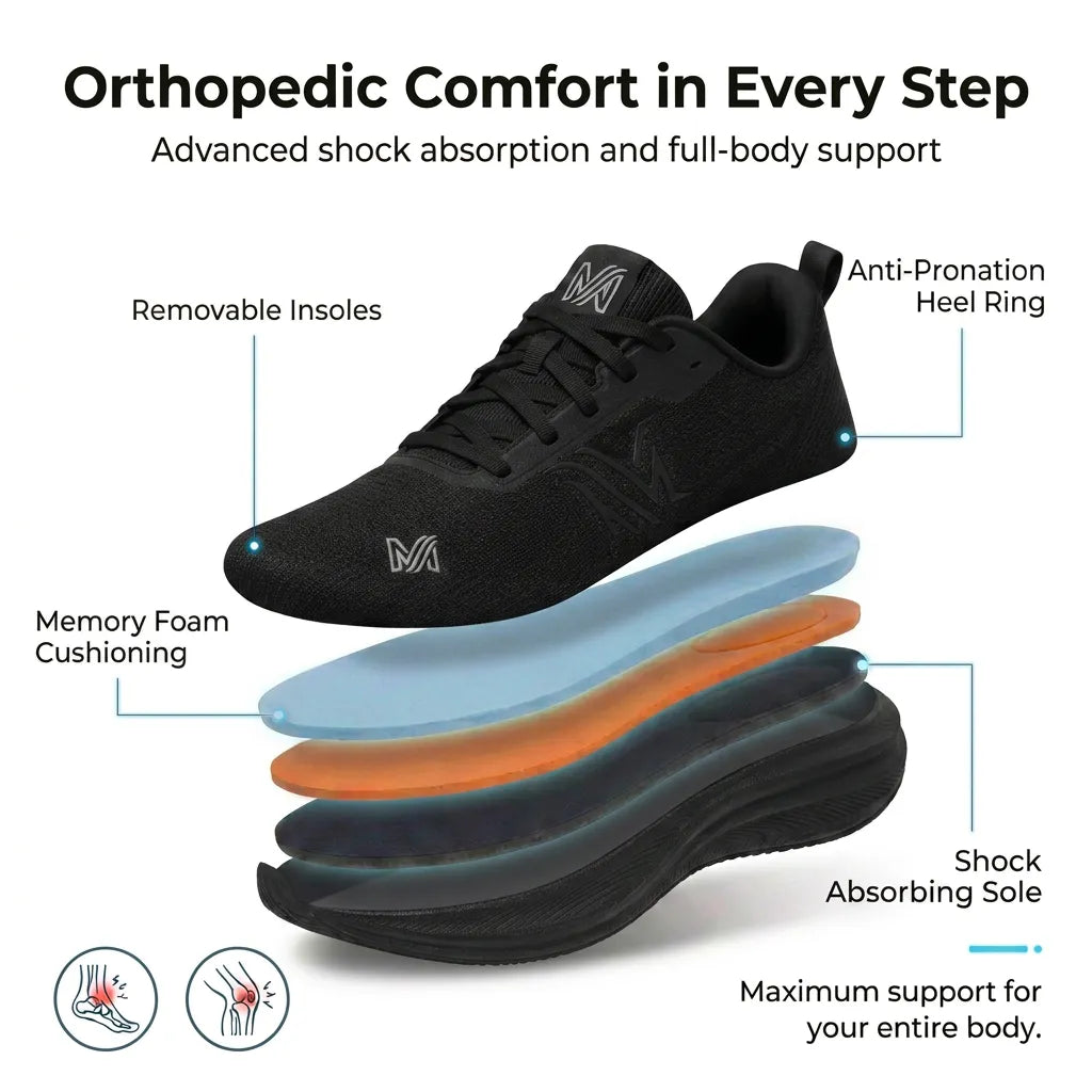 Men orthopedic sneakers wide toe box arch support breathable knit black